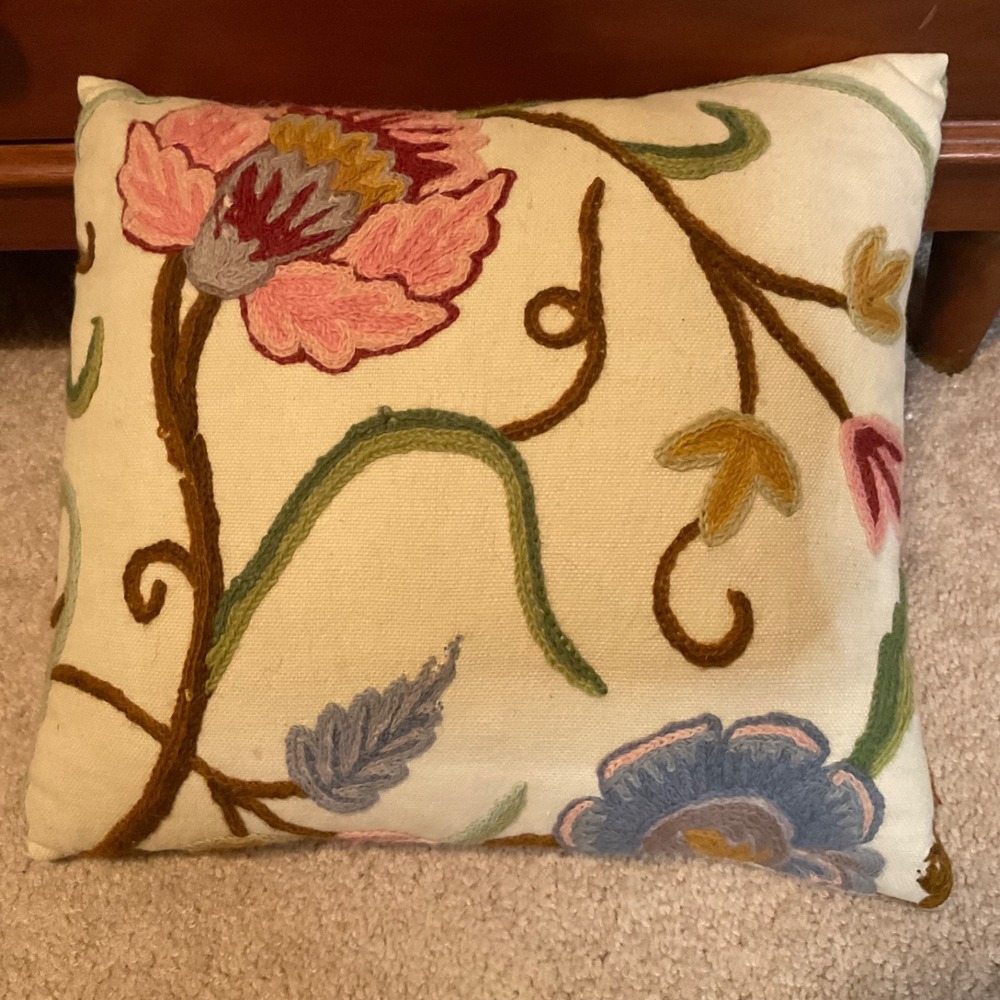 Floral Square 14"x14" Pillow Pink,Green,Blue on Khaki/Tan background Embroidered